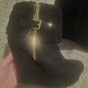G by Guess Black Wedge Boots with Gold Zipper